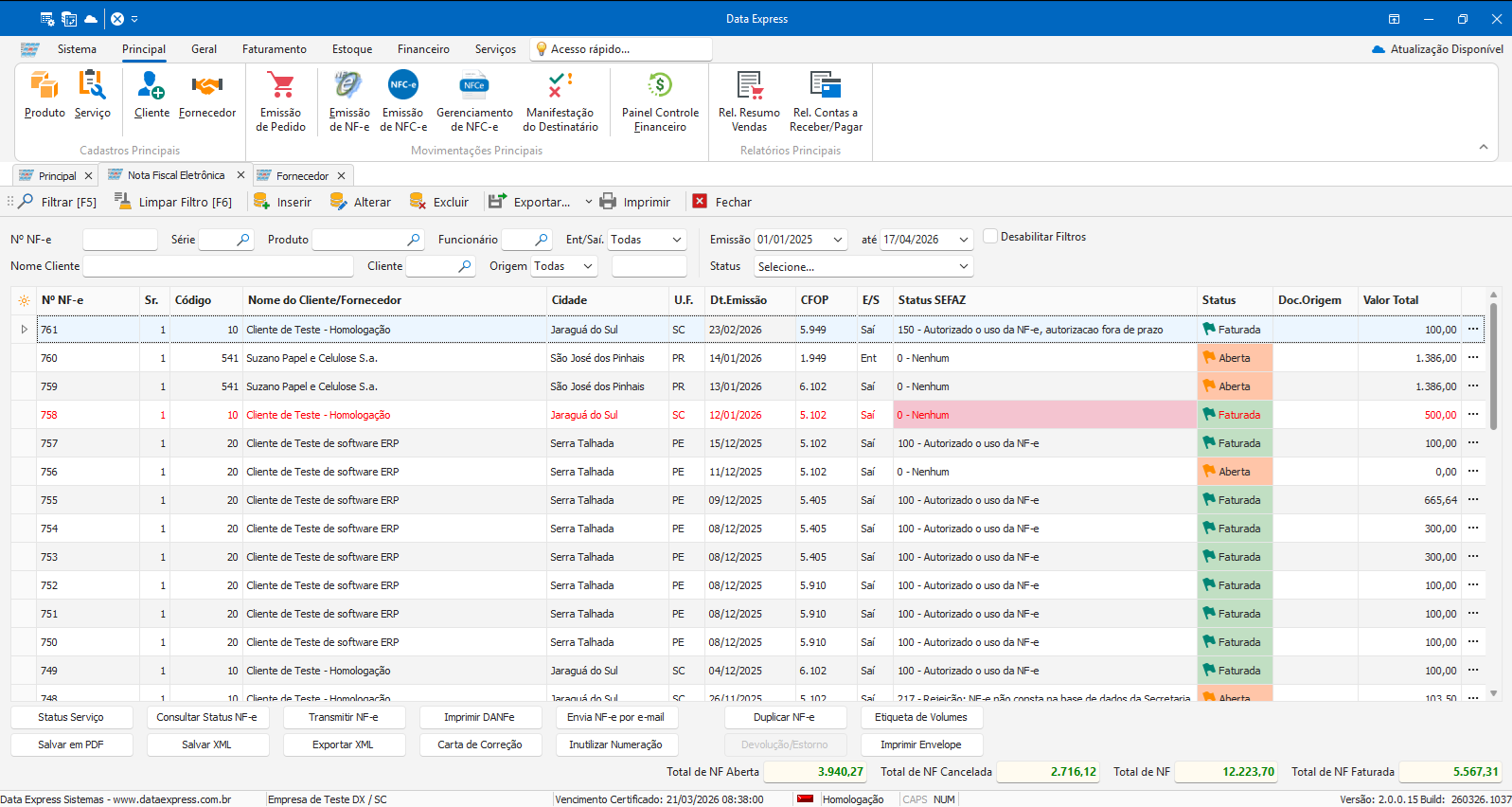 Lista de NF-e no sistema Data Express